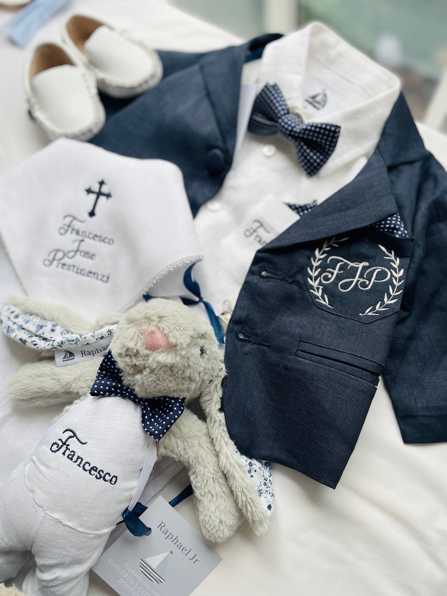 Grey fluffy christening bunny rabbit toy in little suit and bow tie to match babys outfit embroidery optional