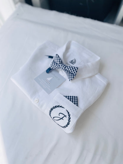 Baby and Toddler Boys white linen baptism outfit with bloomers, shirt, suspenders, bow tie