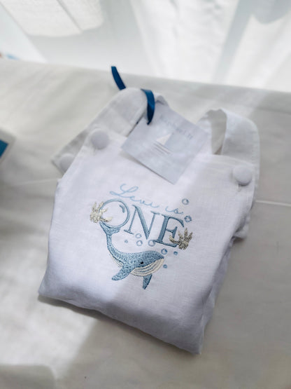 Boys White Linen first birthday romper with custom embroidery designs