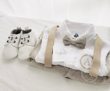 Beige linen suit with optional jacket, cap and shoes.