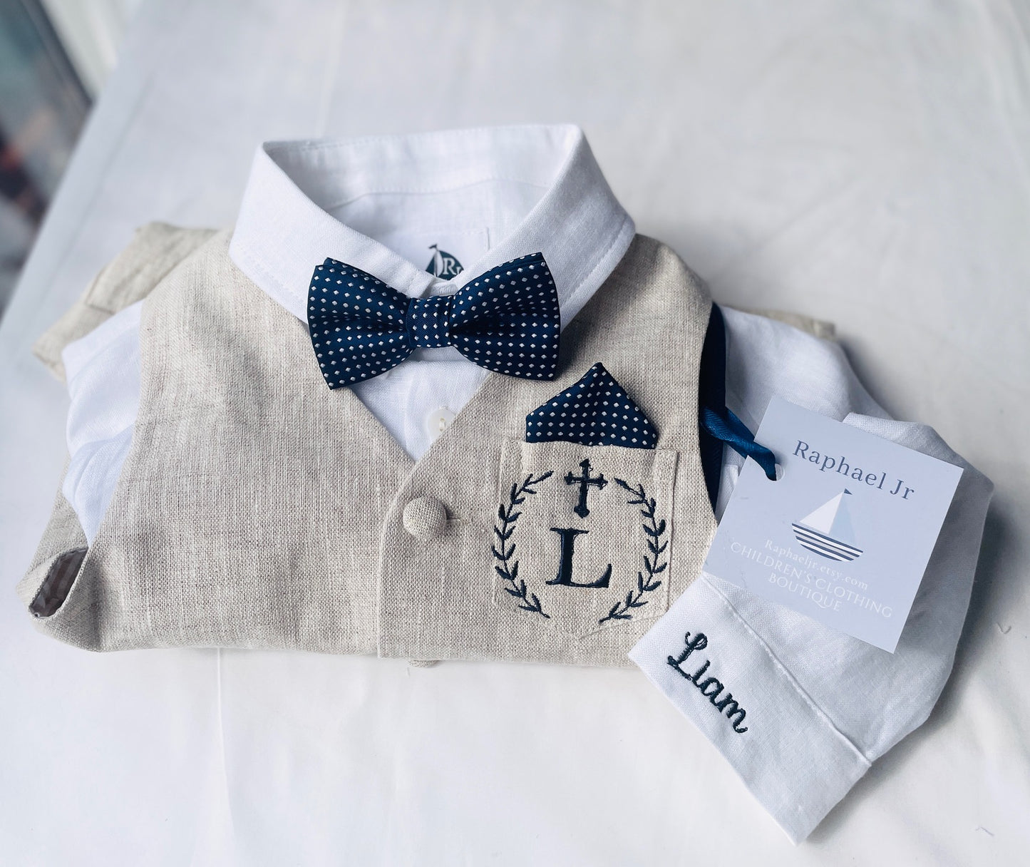 Baby and Toddler Boys white and beige linen summer set with vest, shirt, shorts, suspenders and bowtie