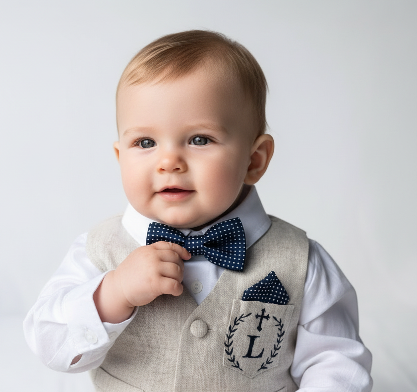 Beige Linen Outfit with vest, shirt, pants, suspenders and bowtie plus optional jacket, cap and shoes