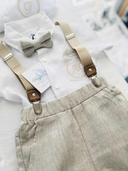 Beige linen baby and toddler boys formal baptism or wedding suit with accessories and optional personalisation