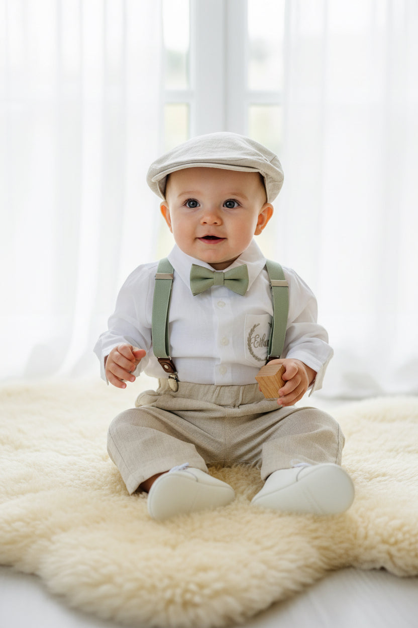 Boys white and beige linen set with vest, shirt, pants, suspenders and bowtie