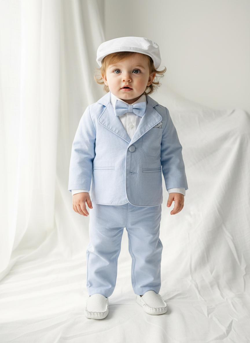 Baby and toddler boys pale blue chambray and linen full suit