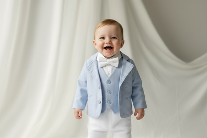 Boys Light blue suit with blue vest, bow tie optional jacket, plus white linen shirt and suspender pants