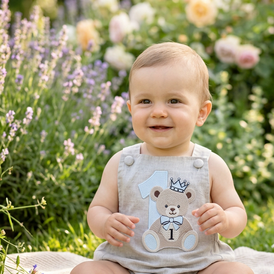 Teddy Bear first birthday romper in blue white or beige