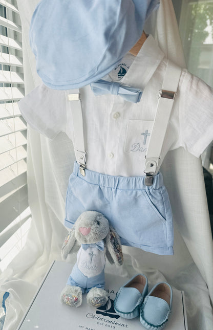 Boys pale blue shorts with linen shirt, blue suspenders and bow tie outfit plus optional extras