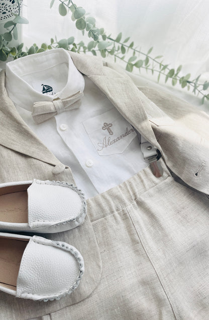 Beige Linen full length suit with pants, shirt, jacket and accessories