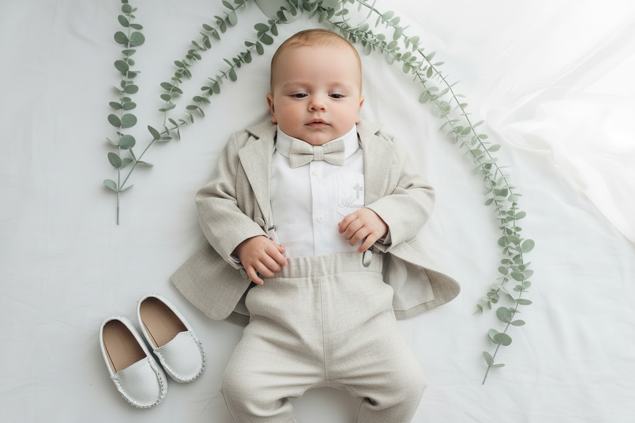 Beige Linen full length suit with pants, shirt, jacket and accessories