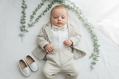 Beige Linen full length suit with pants, shirt, jacket and accessories