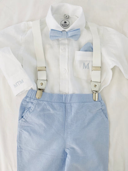 Boys pale blue shorts with linen shirt, blue suspenders and bow tie outfit plus optional extras