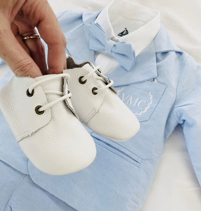 Boys pale blue shorts with linen shirt, blue suspenders and bow tie outfit plus optional extras