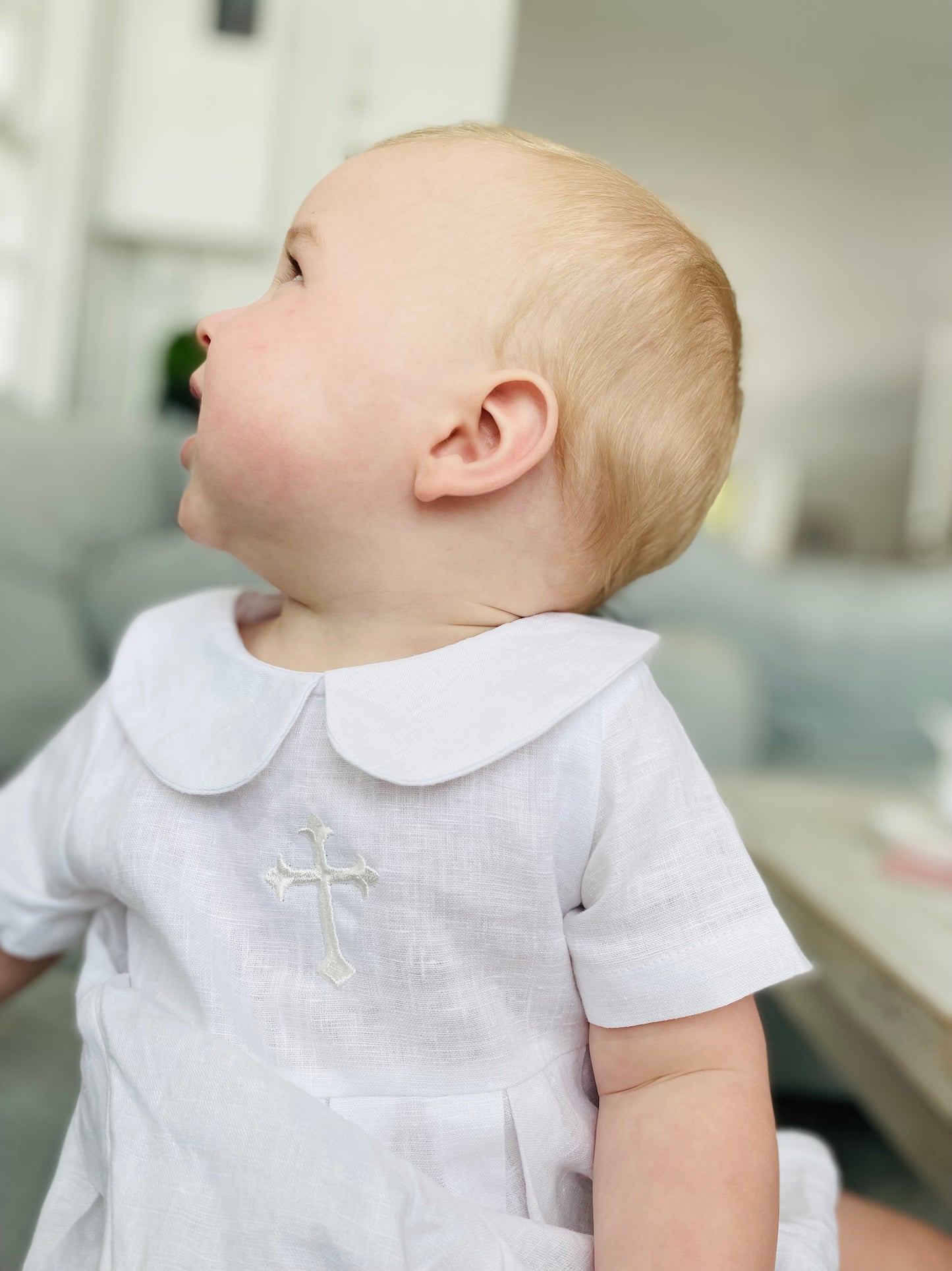 Linen Baptism peter pan collar romper outfit with optional embroidery customisation