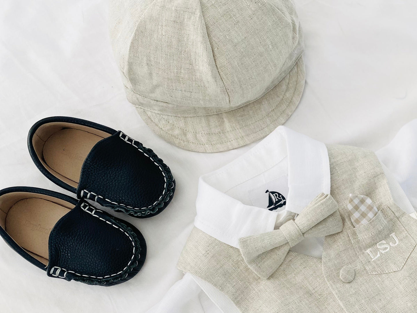 Baby and Toddler Boys white and beige linen summer set with vest, shirt, shorts, suspenders and bowtie