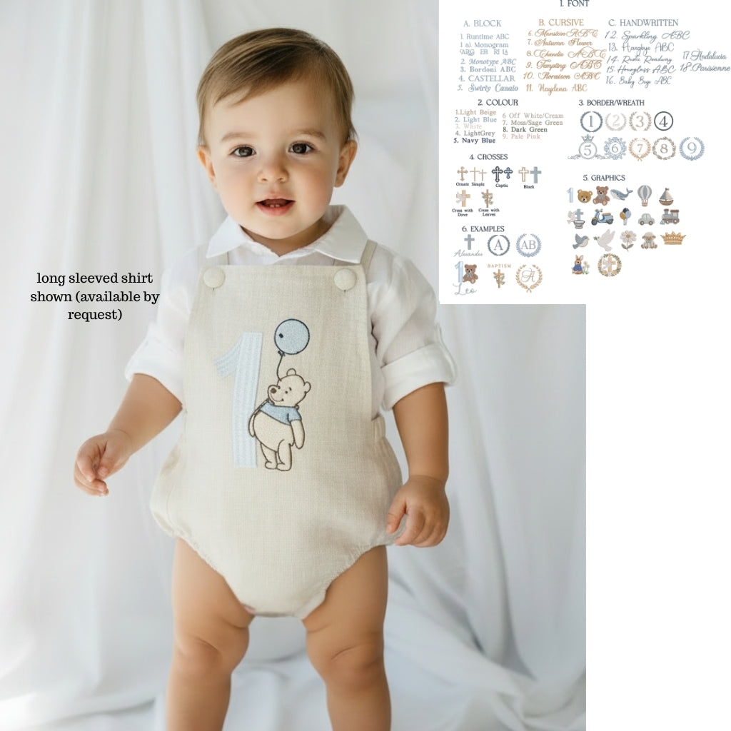 Beige linen baptism and birthday romper and shirt set