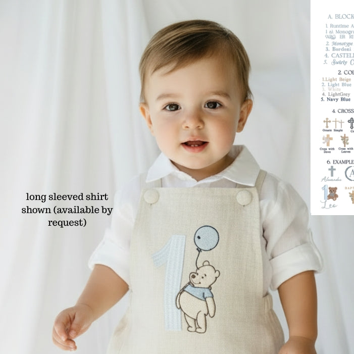 Boys beige pure linen overalls with optional shirt and embroidery