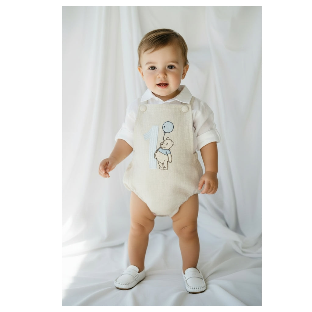 Beige linen baptism and birthday romper and shirt set