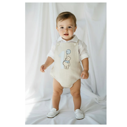 Beige linen baptism and birthday romper and shirt set