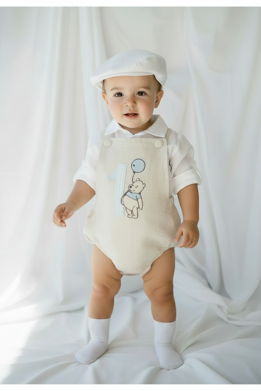 Beige linen baptism and birthday romper and shirt set