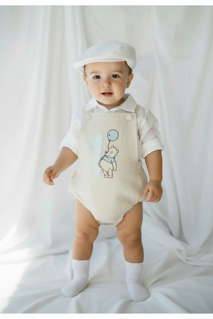 Beige linen baptism and birthday romper and shirt set