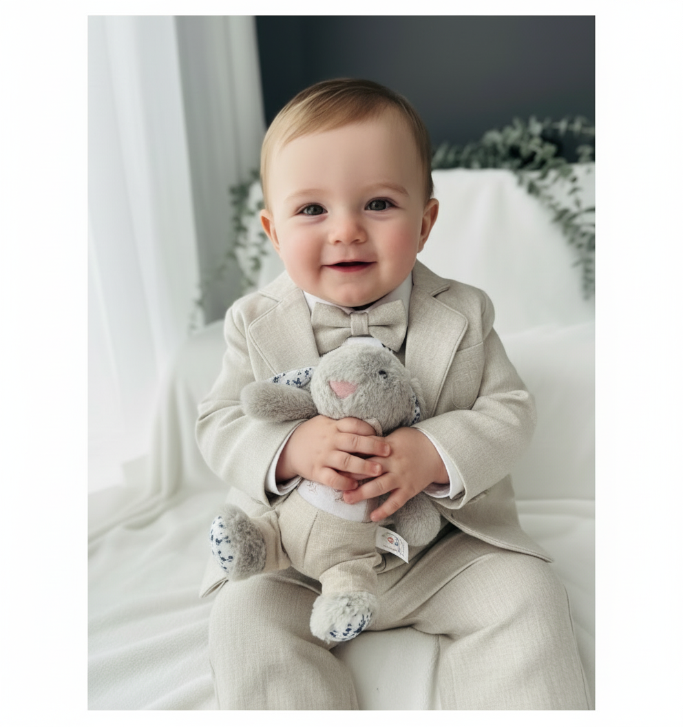 Beige Linen Outfit with vest, shirt, pants, suspenders and bowtie plus optional jacket, cap and shoes