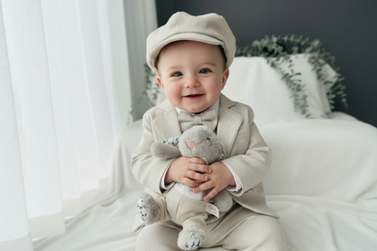 Beige Linen vest suit, shirt, pants, suspenders and bowtie plus optional jacket, cap and shoes