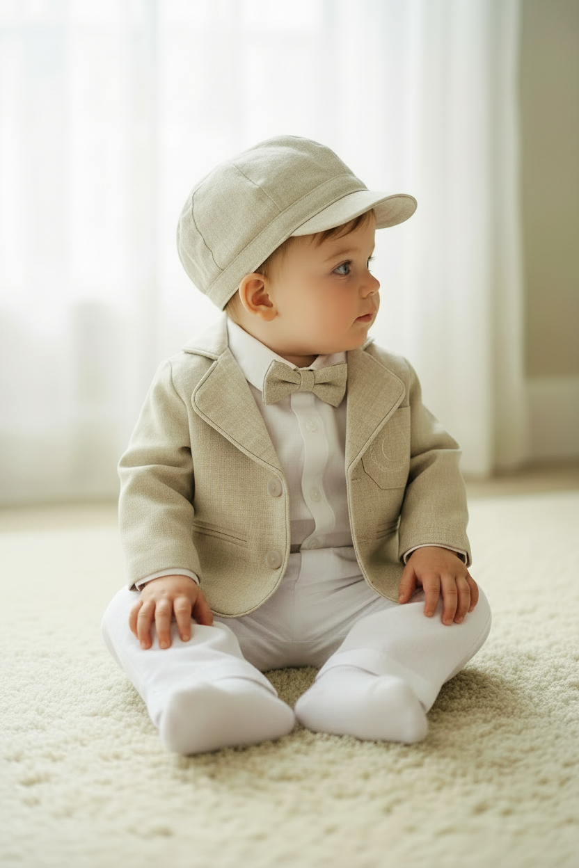 White and Beige Linen Set with optional Jacket Accessories and Embroidery