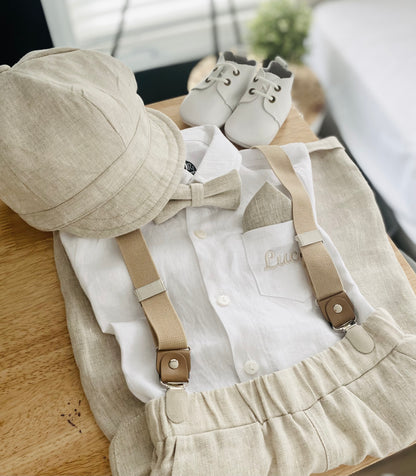 Beige Linen full length suit with pants, shirt, jacket and accessories