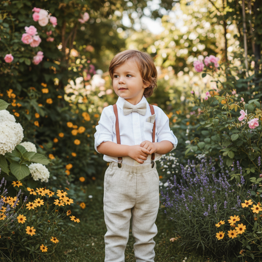 Navy blue and beige formal baptism or wedding suit with accessories and optional personalisation