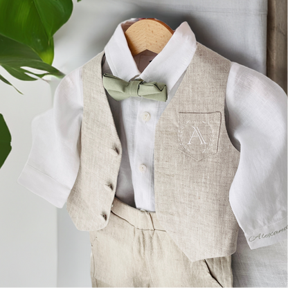 Beige Linen vest suit, shirt, pants, suspenders and bowtie plus optional jacket, cap and shoes