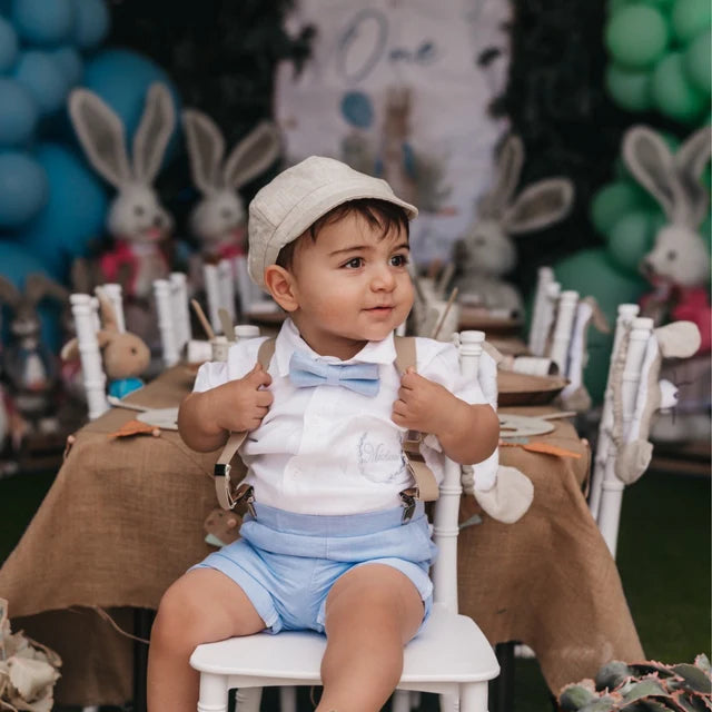 pale blue chambray summer first birthday set with shorts, shirt, suspenders and bow tie plus optional extras