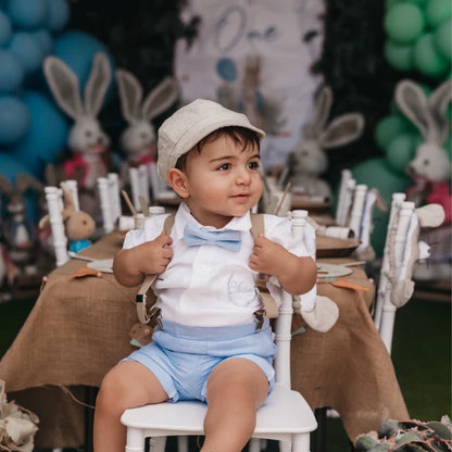 Boys pale blue shorts with linen shirt, blue suspenders and bow tie outfit plus optional extras