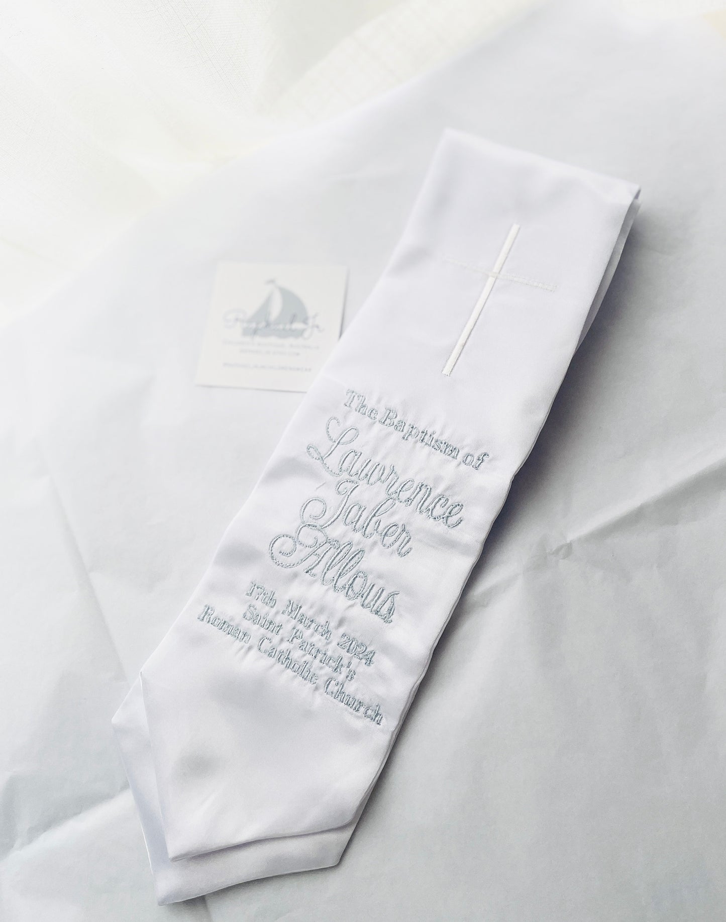 White satin children's sash stole for Baptisms