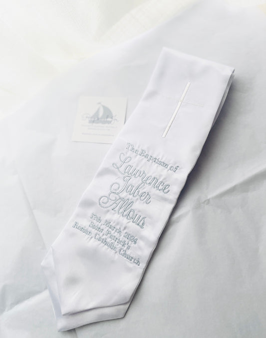 White satin children's sash stole for Baptisms