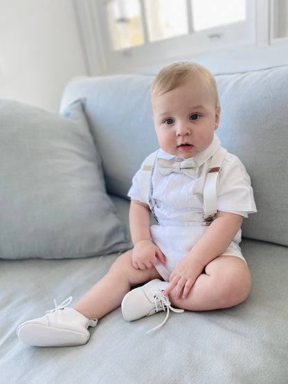 White linen summer Baptism outfit with shorts shirt and suspenders and optional pale blue jacket
