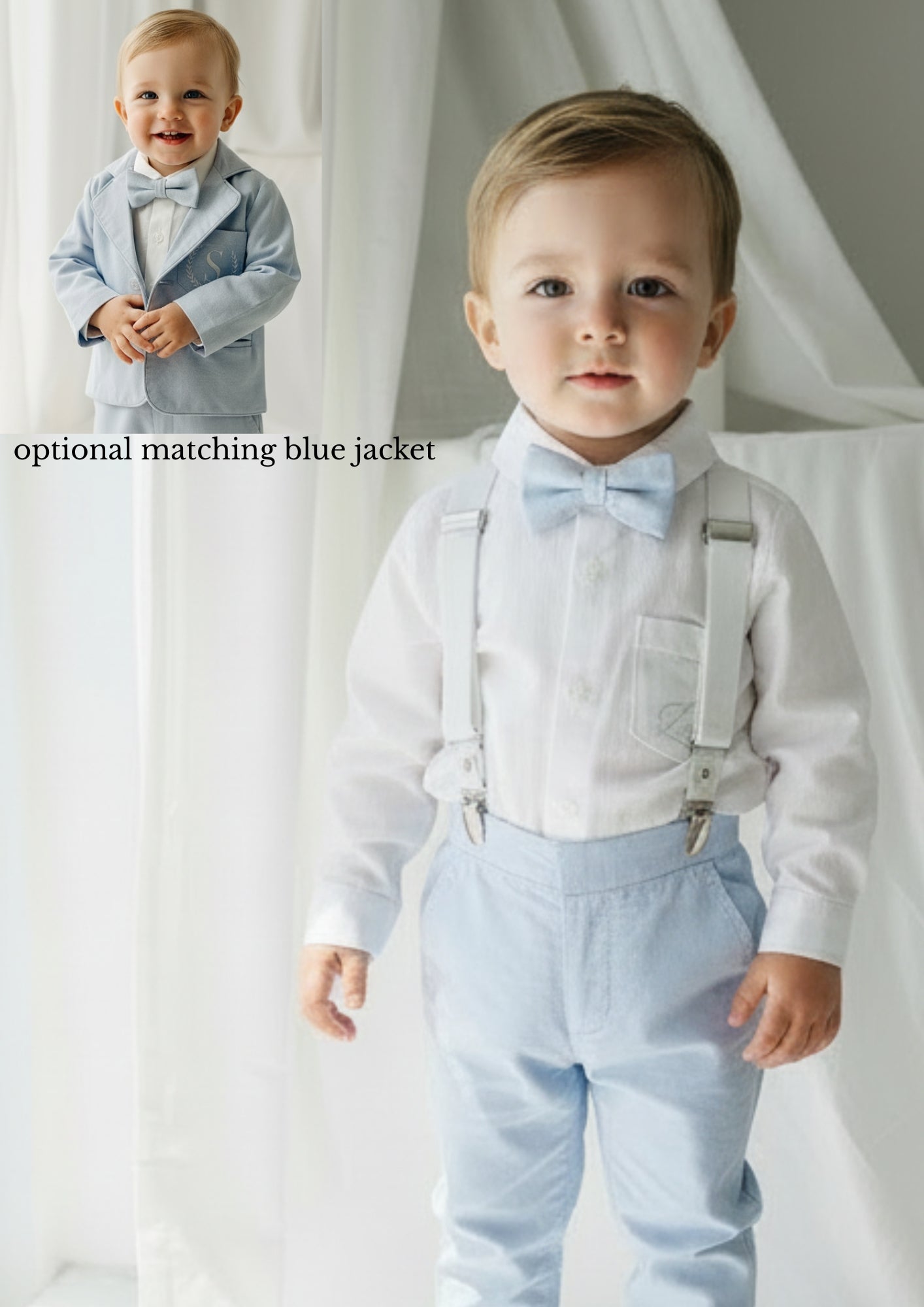Blue chambray set with blue pants, white linen shirt, white, blue or beige suspenders and blue bow tie