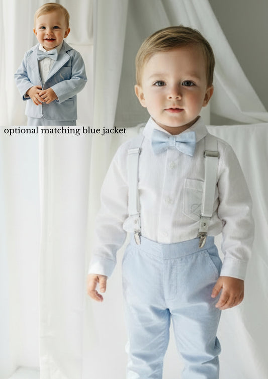 Blue chambray set with blue pants, white linen shirt, white, blue or beige suspenders and blue bow tie