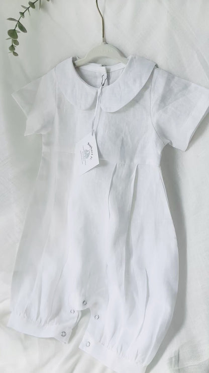 Linen Baptism 3/4 length jumpsuit with optional cardigan and embroidery