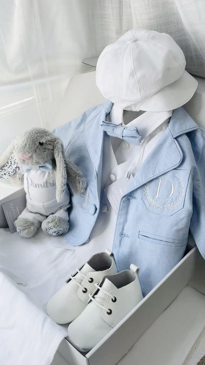 Baby and Toddler Boys white linen outfit with vest, shirt, pants, suspenders and bowtie plus optional blue blazer
