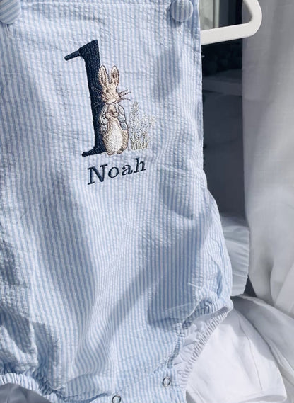 Boys Blue or white Birthday romper overalls Peter Rabbit