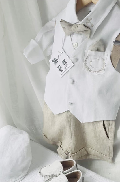 Boys white and beige linen Baptism and Wedding Outfit with vest, shirt, shorts, suspenders and bow tie