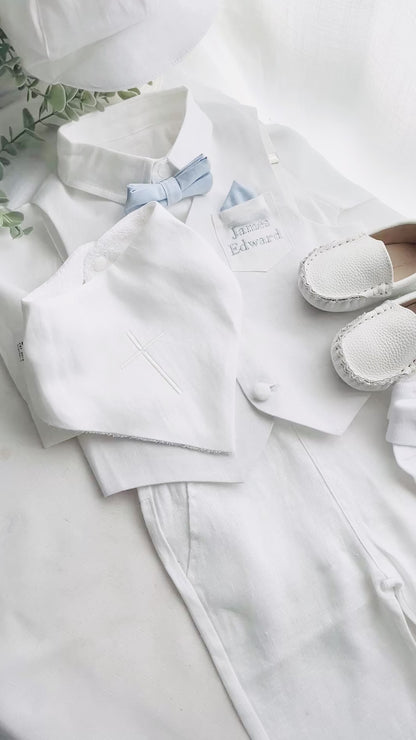 Boys white linen full length Baptism set with vest, shirt, pants, suspenders and bow tie