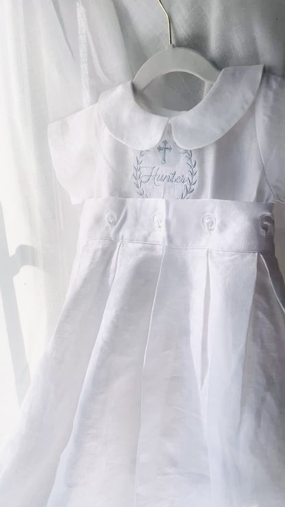 White Linen Unisex Baptism Gown romper with detachable skirt dress and optional embroidery