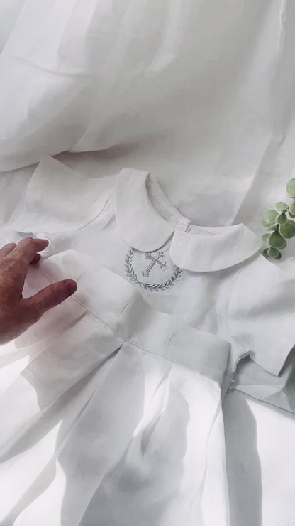White Linen Unisex Baptism Gown romper with detachable skirt dress and optional embroidery