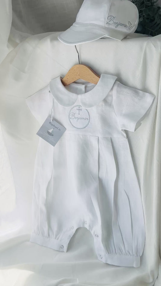 Linen Baptism romper dungaree jumpsuit with optional cardigan and embroidery