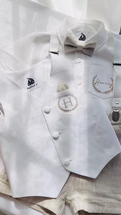 Boys white and beige linen Baptism and Wedding Outfit with vest, shirt, shorts, suspenders and bow tie