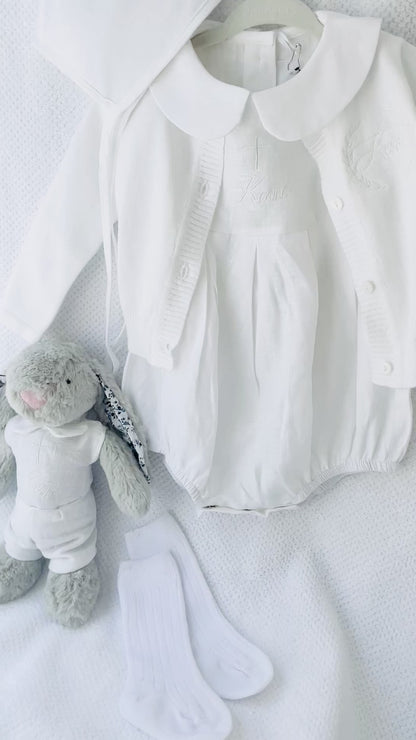 Linen Baptism peter pan collar bubble romper with optional embroidery customisation