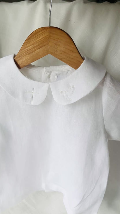 Pure linen white blouse shirt with round collar