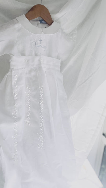 White Linen Unisex Baptism Gown romper with detachable skirt dress and optional embroidery